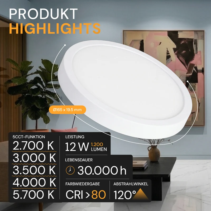 LED Einbauleuchte, 12 W, 1200 lm, 5CCT 2700–5700 K, stufenlos dimmbar