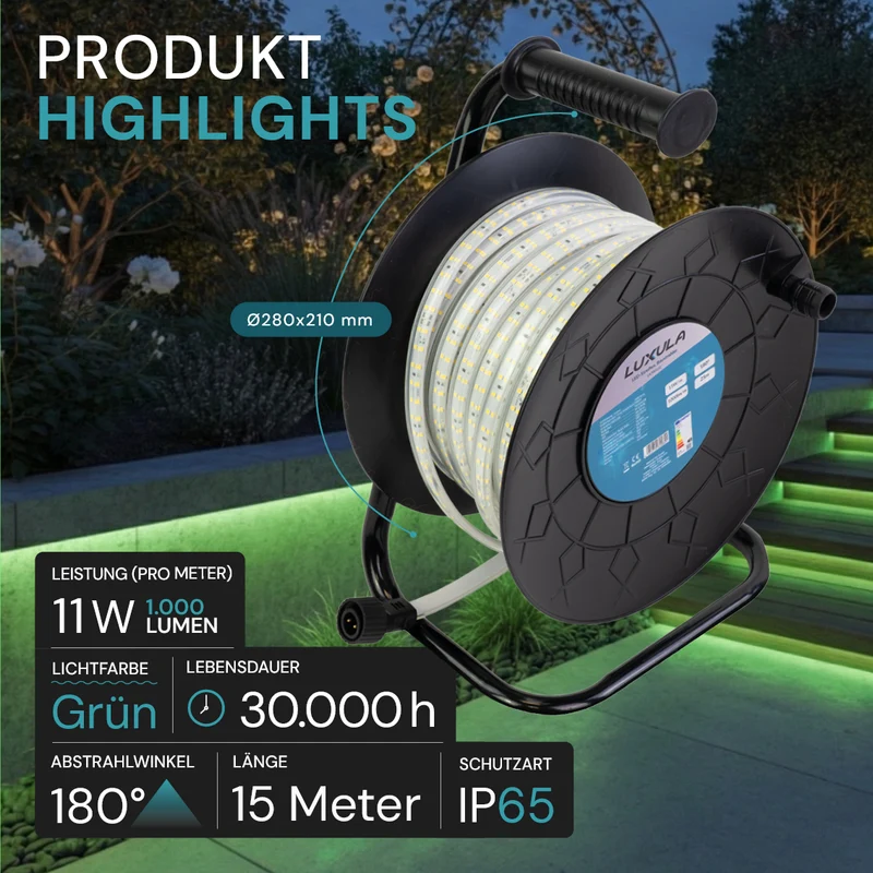 LED-Streifen, Baustrahler, 15 m, grünes Licht, IP65-wassergeschützt, 180 LED/m, 220 V AC, EU-Stecker, Lichtbandtrommel, kürzbar und erweiterbar, Außen/Innen