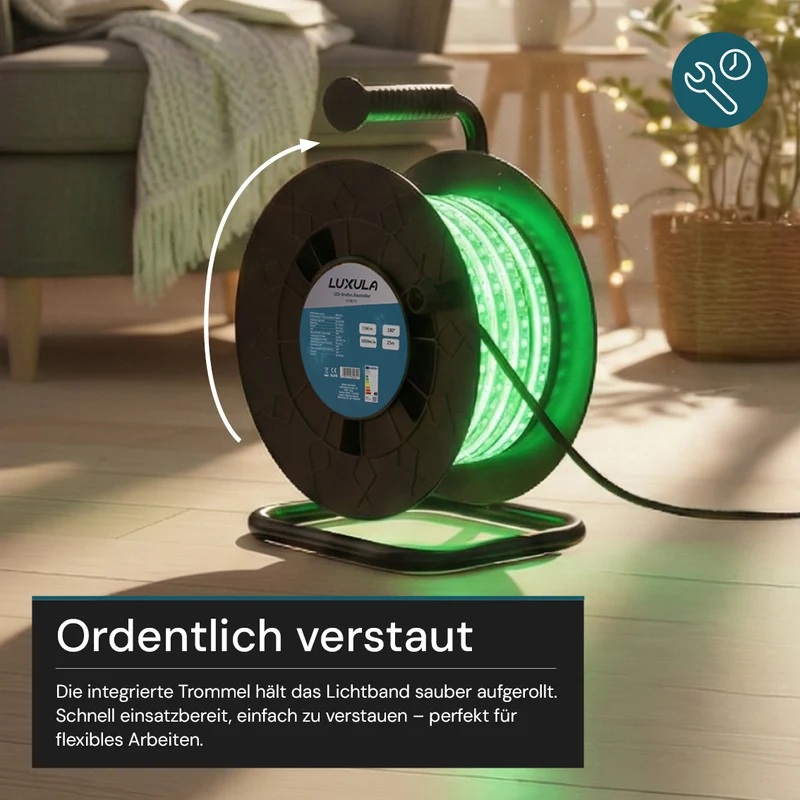 LED-Streifen, Baustrahler, 15 m, grünes Licht, IP65-wassergeschützt, 180 LED/m, 220 V AC, EU-Stecker, Lichtbandtrommel, kürzbar und erweiterbar, Außen/Innen