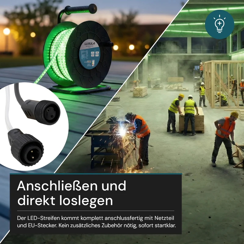 LED-Streifen, Baustrahler, 15 m, grünes Licht, IP65-wassergeschützt, 180 LED/m, 220 V AC, EU-Stecker, Lichtbandtrommel, kürzbar und erweiterbar, Außen/Innen