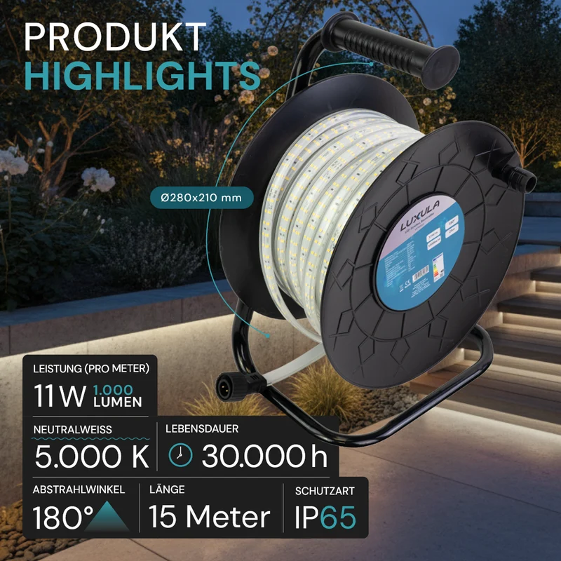 LED-Streifen, Baustrahler, 15 m, 5000 K (neutralweiß), IP65-wassergeschützt, 1000 lm/m, 180 LED/m, 220 V AC, EU-Stecker, Lichtbandtrommel, kürzbar und erweiterbar, Außen/Innen