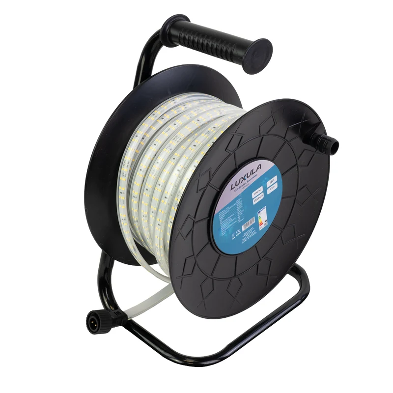 LED-Streifen, Baustrahler, 15 m, 5000 K (neutralweiß), IP65-wassergeschützt, 1000 lm/m, 180 LED/m, 220 V AC, EU-Stecker, Lichtbandtrommel, kürzbar und erweiterbar, Außen/Innen