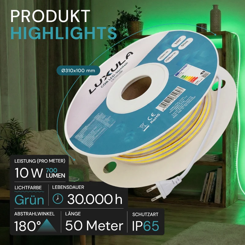 COB LED-Streifen, 50 m, grünes Licht, IP65-wassergeschützt, 288 LED/m, 220 V AC, EU-Stecker, 10 W/m, kürzbar und erweiterbar, Außen/Innen