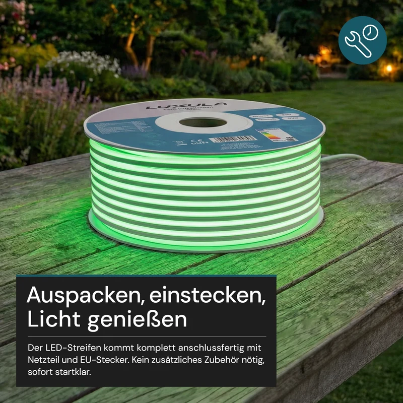 COB LED-Streifen, 50 m, grünes Licht, IP65-wassergeschützt, 288 LED/m, 220 V AC, EU-Stecker, 10 W/m, kürzbar und erweiterbar, Außen/Innen
