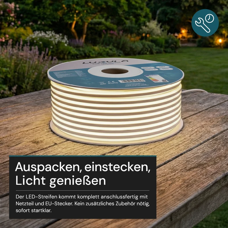 COB LED-Streifen, 50 m, 5000 K neutralweißes Licht, IP65-wassergeschützt, 288 LED/m, 220 V AC, EU-Stecker, 10 W/m, kürzbar und erweiterbar, Außen/Innen