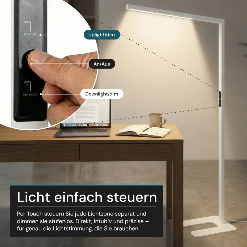 LED-Büro-Stehleuchte, Up/Down, UGR<16, CRI98, dimmbar, 45 W, 1940 x 40 x 1050 mm, 3500 lm, weiß