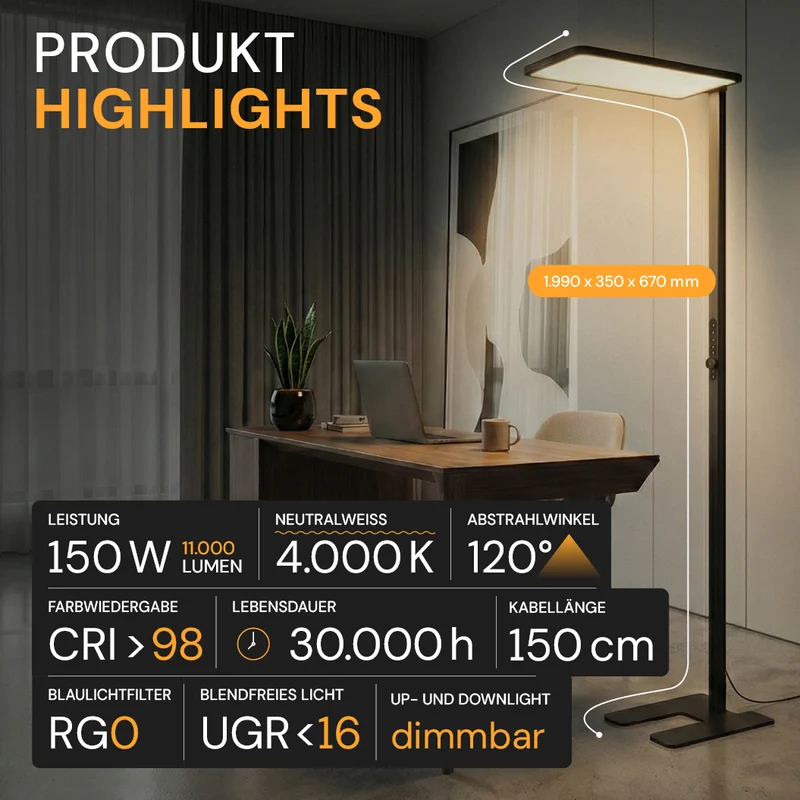 LED Büro-Stehleuchte Up&Down mit Sensor, 150W, 11.000lm, 4000K, UGR 98, dimmbar, schwarz