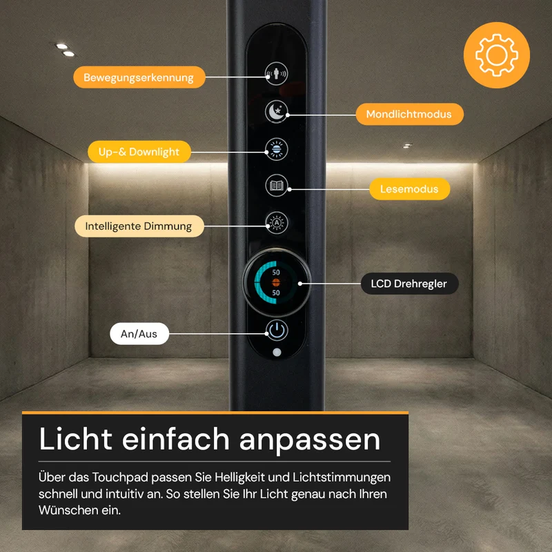 LED Büro-Stehleuchte Up&Down mit Sensor, 150W, 11.000lm, 4000K, UGR 98, dimmbar, schwarz
