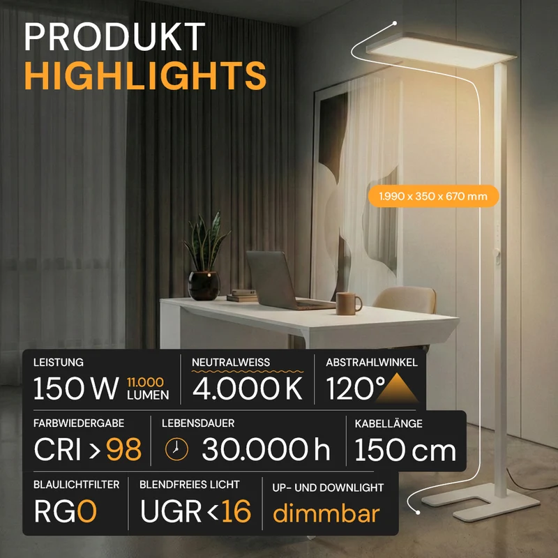LED Büro-Stehleuchte Up&Down mit Sensor, 150W, 11.000lm, 4000K, UGR 98, dimmbar, weiß
