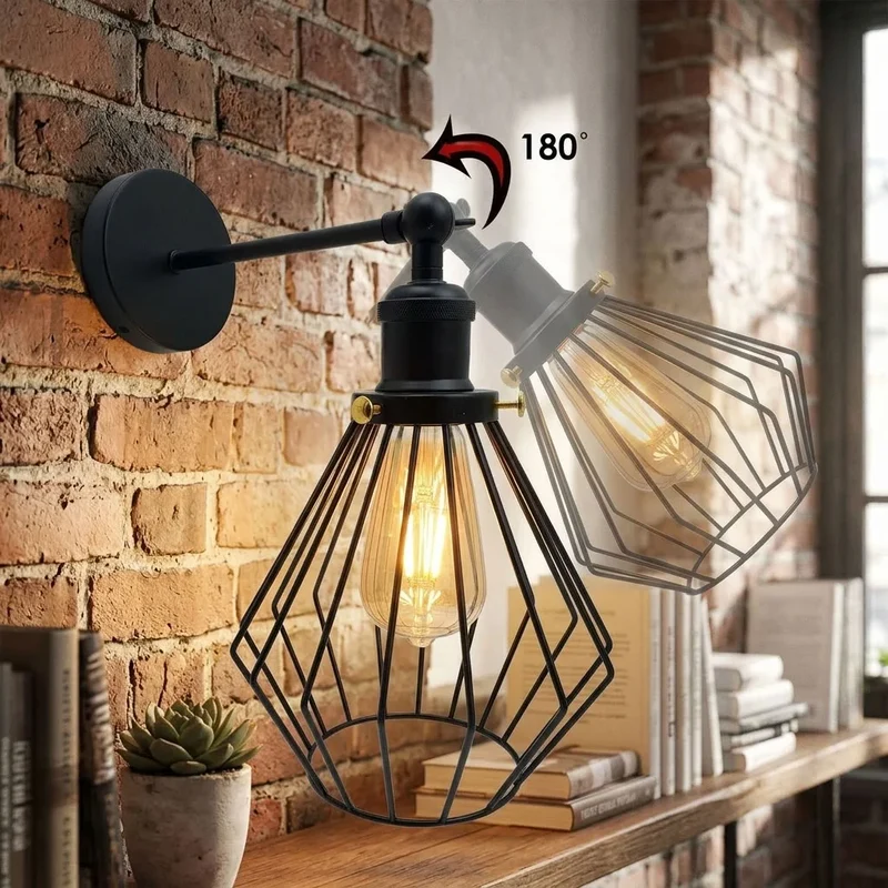 Retro Wandleuchte Käfig MattSchwarz | Verstellbare Wandlampe Flur & Bett~3327
