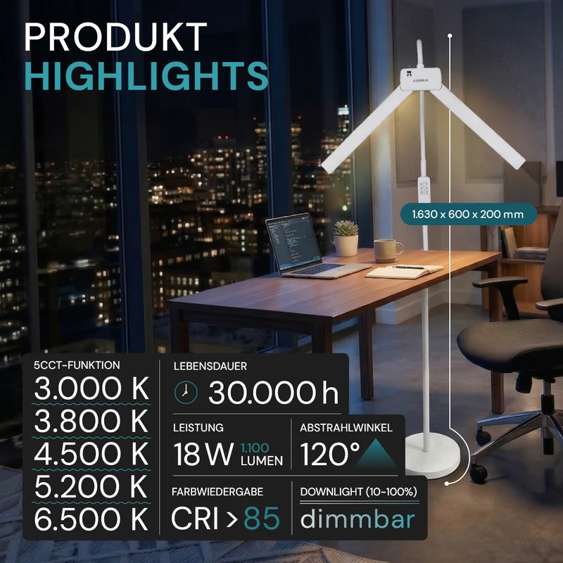 LED-Stehlampe- und Schreibtischlampe, Doppelkopf, in Weiß, dimmbar, 5 Farbtemperaturstufen, 18 W, 1100 lm, voll verstellbare Monitor-/Tischlampe mit kontaktlosem Ein-/Ausschalt-Sensor