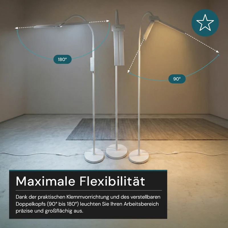 LED-Stehlampe- und Schreibtischlampe, Doppelkopf, in Weiß, dimmbar, 5 Farbtemperaturstufen, 18 W, 1100 lm, voll verstellbare Monitor-/Tischlampe mit kontaktlosem Ein-/Ausschalt-Sensor