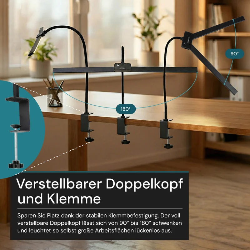 LED-Schreibtischlampe, Doppelkopf, in Schwarz, dimmbar, 5 Farbtemperaturstufen, 18 W, 1100 lm, klemm- und voll verstellbare Monitor-/Tischlampe mit kotaktlosem Ein-/Ausschaltssensor