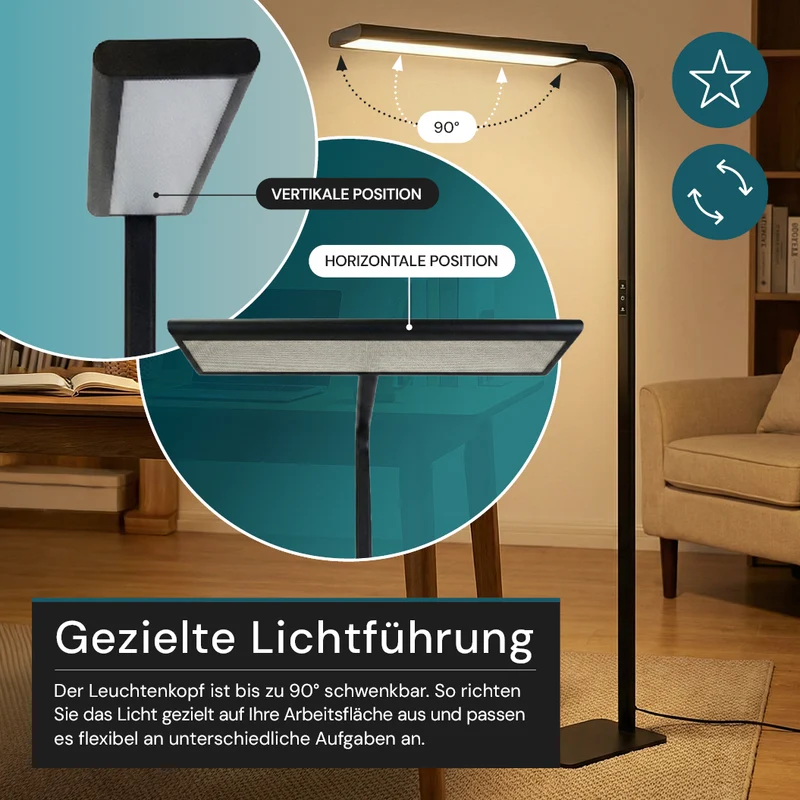 LED-Büro-Stehleuchte, Up/Down, UGR<16, CRI98, dimmbar, 60 W, 1700 x 840 x 250 mm, 3500 lm, schwarz