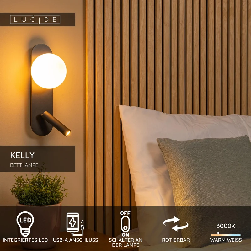 LED-Bettleuchte Kelly drehbar mit Glasschirm und USB-Anschluss