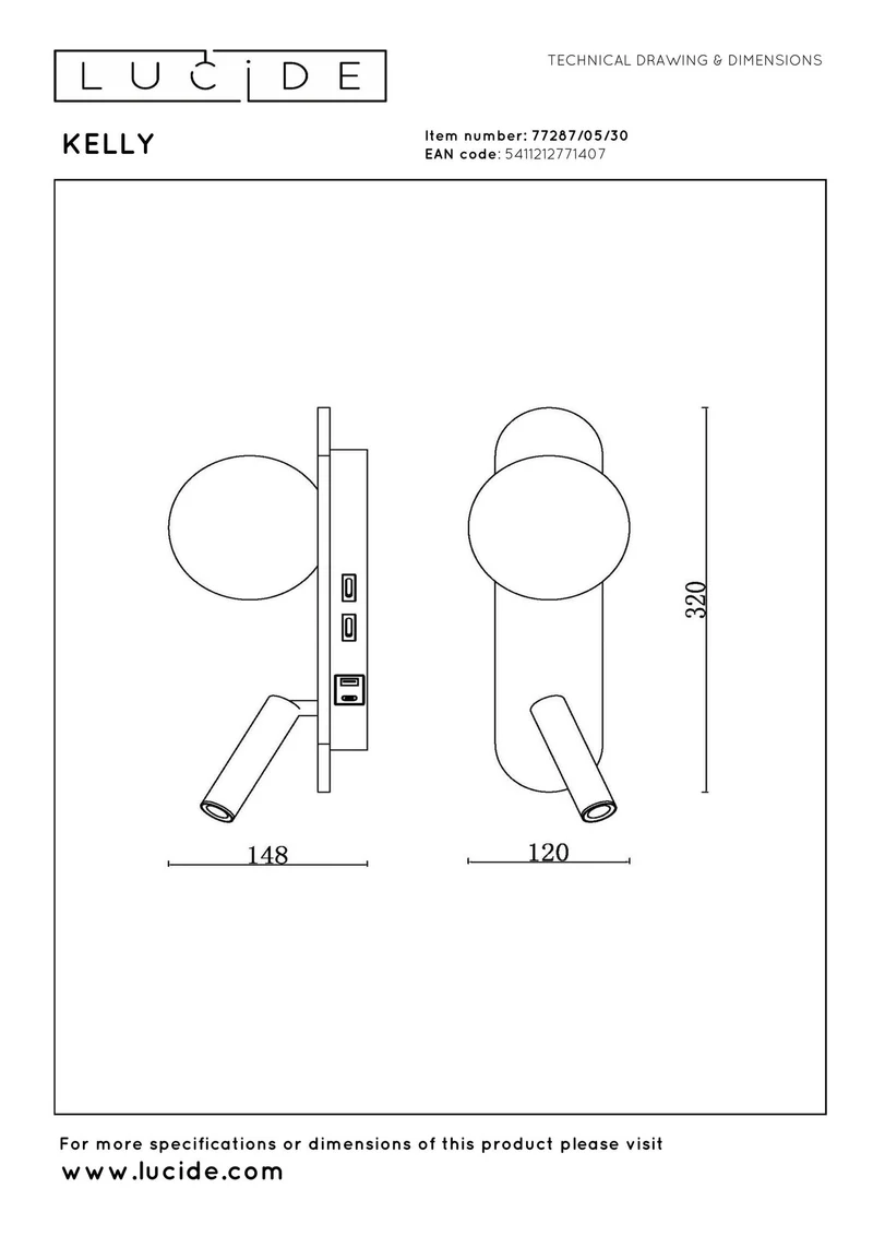 LED-Bettleuchte Kelly drehbar mit Glasschirm und USB-Anschluss