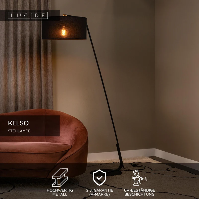 Stehleuchte Kelso mit Leinenschirm Schwarz 180cm