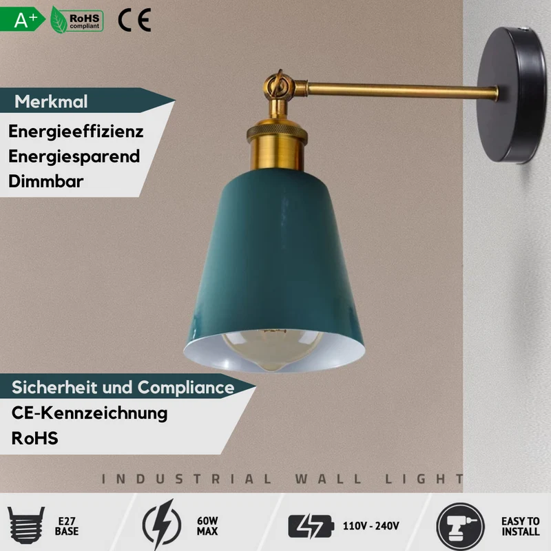 Retro Wandleuchte Konisch Messing Verstellbar E27 ~3316
