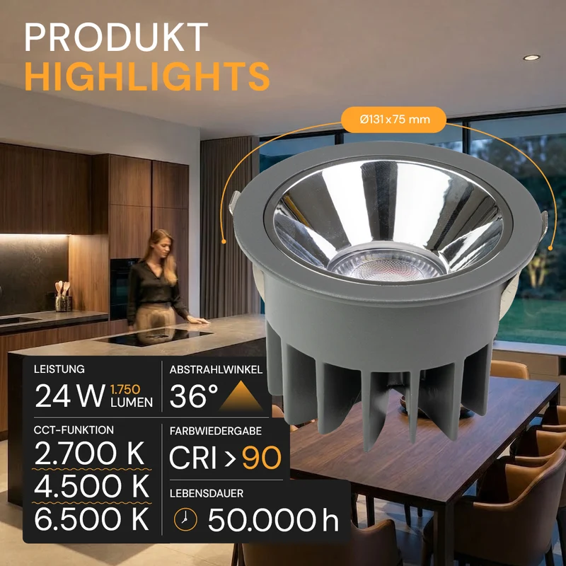 LED Einbauleuchte CCT Downlight, 1750 lm, 2700–6500 K, IP65, CRI90
