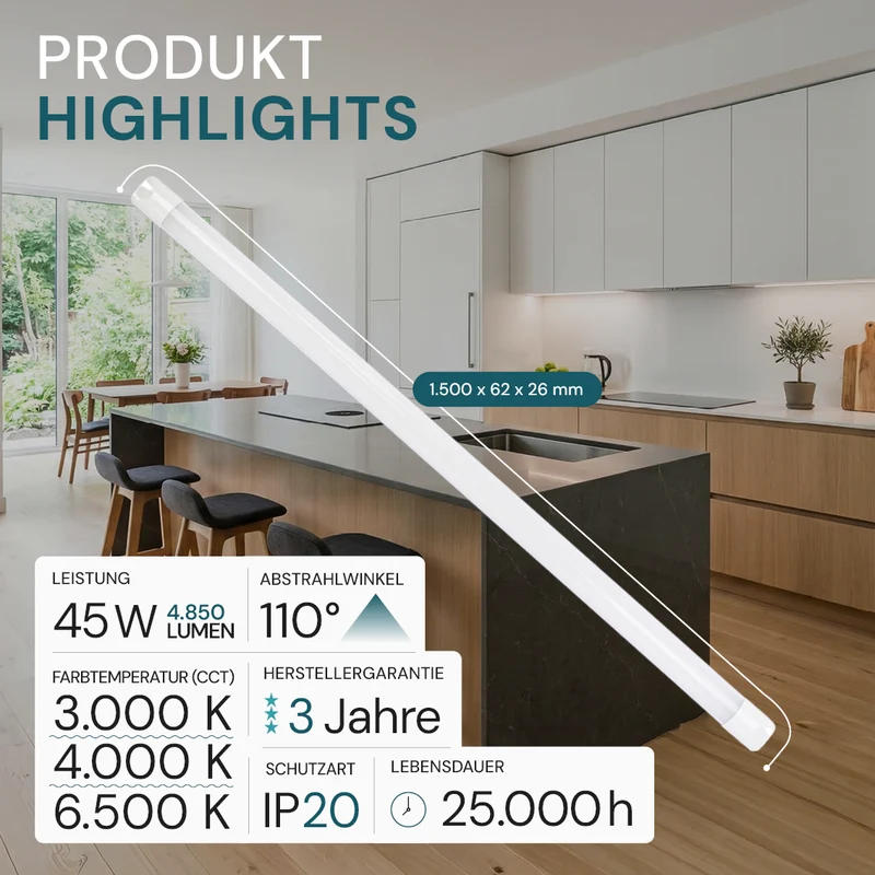 LED Unterbauleuchte, 150 cm, 45 W, 4850 lm, 3000-4000-6500 K, IP20, Lichtfarbe einstellbar, mit Anschlussblock, weiß