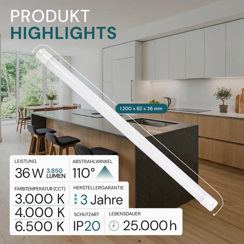 LED Unterbauleuchte, 120 cm, 36 W, 3850 lm, 3000-4000-6500 K, IP20, Lichtfarbe einstellbar, mit Anschlussblock, weiß