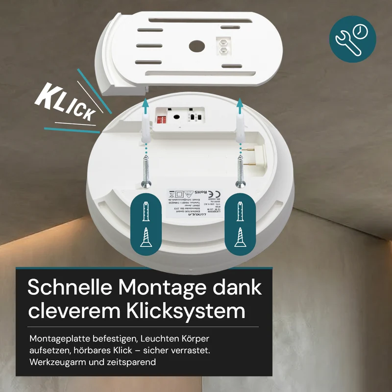 LED CCT Aufbauleuchte, 12-24 W, 2500 lm, Ø230 × 60 mm, 3000-4000-6500K, Klickmontage, Bewegungsmelder, rund