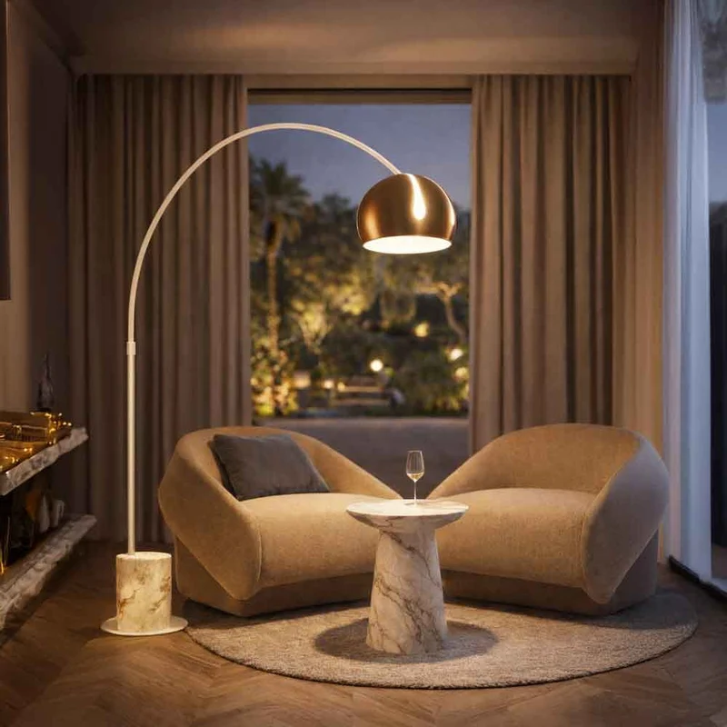 s.luce Ball Design-Bogenlampe mit Marmorfuß modern