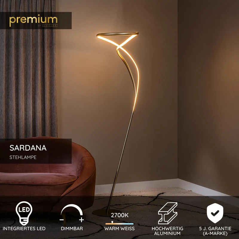 LED-Stehleuchte Sardana dimmbar Messing Warmweiß 180cm