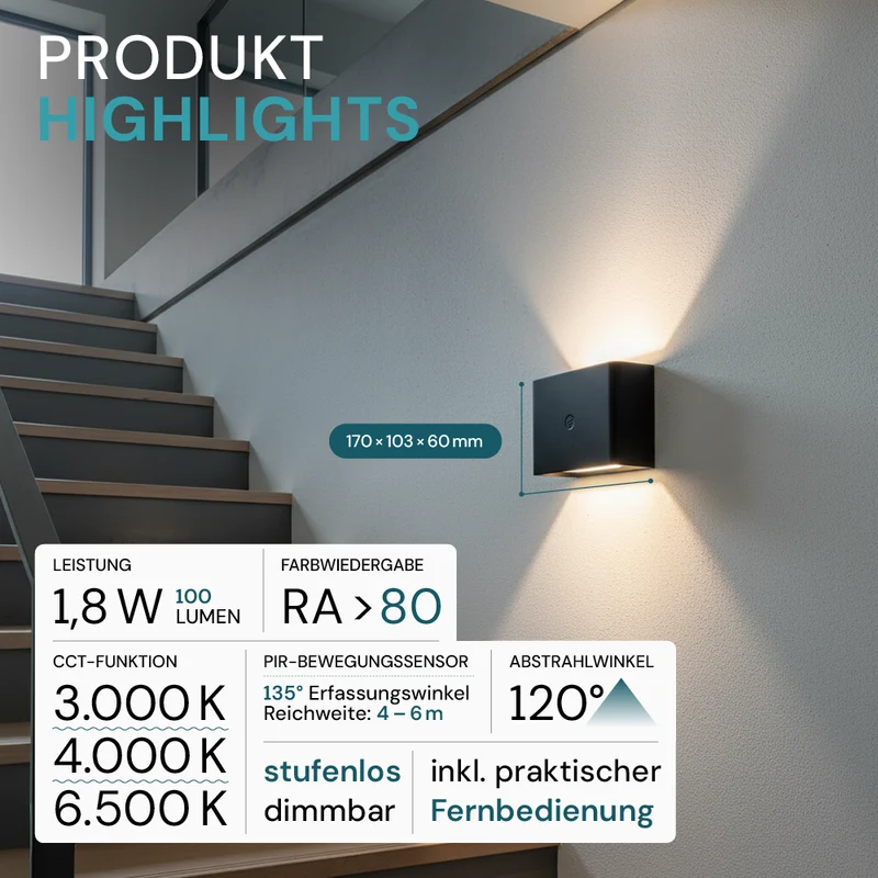 LED Akku Wandleuchte mit Bewegungssensor, Up- & Downlight, Lichtfarbe und Helligkeit einstellbar, mit Fernbedienung, schwarz, wiederaufladbar, Innenbereich
