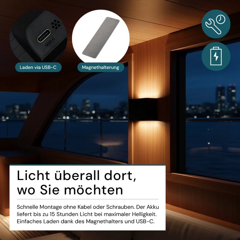 LED Akku Wandleuchte mit Bewegungssensor, Up- & Downlight, Lichtfarbe und Helligkeit einstellbar, mit Fernbedienung, schwarz, wiederaufladbar, Innenbereich