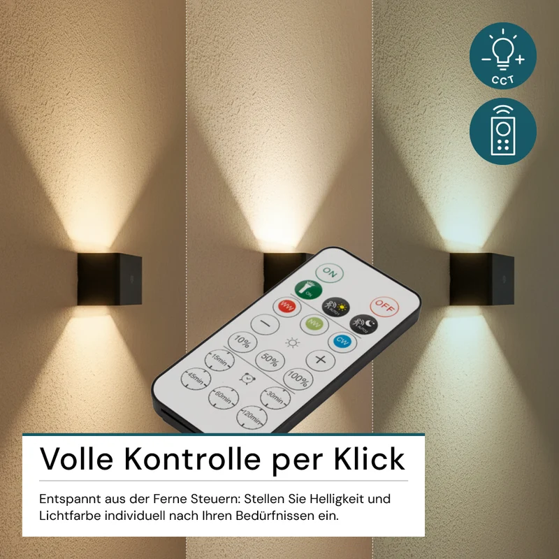 LED Akku Wandleuchte mit Bewegungssensor, Up- & Downlight, Lichtfarbe und Helligkeit einstellbar, mit Fernbedienung, schwarz, wiederaufladbar, Innenbereich