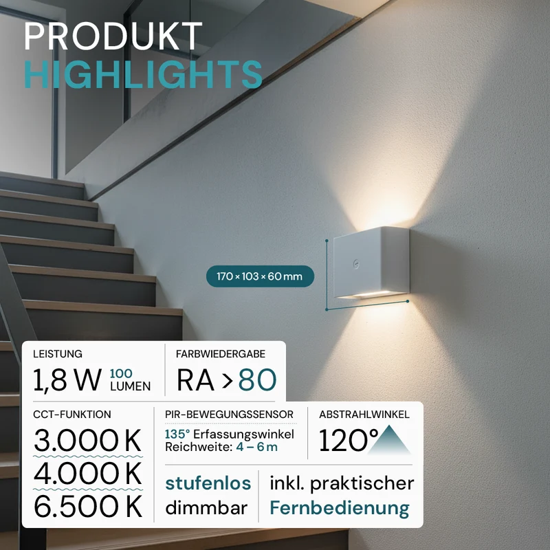 LED Akku Wandleuchte mit Bewegungssensor, Up- & Downlight, Lichtfarbe und Helligkeit einstellbar, mit Fernbedienung, weiß, wiederaufladbar, Innenbereich