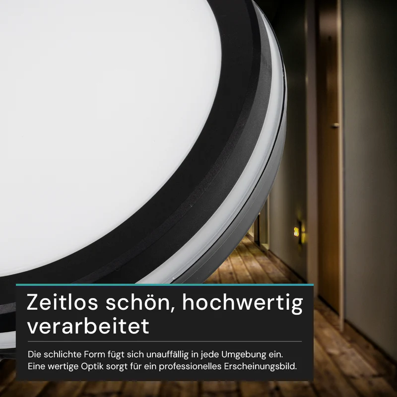 Moderne LED-Deckenlampe, schwarz/weiß, rund, 30 W, 3000 lm, Lichtfarbe einstellbar, Ø30 cm, IP65-wassergeschützt, Schnellverbinder, Innen- und Außenlampe