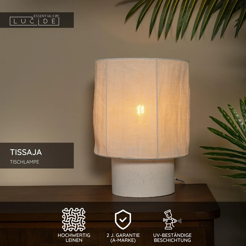 Tischlampe Tissaja Leinenschirm Ø 20cm Weiß