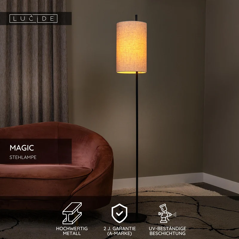 Stehlampe Magic mit Leinenschirm 165cm Schwarz, Beige