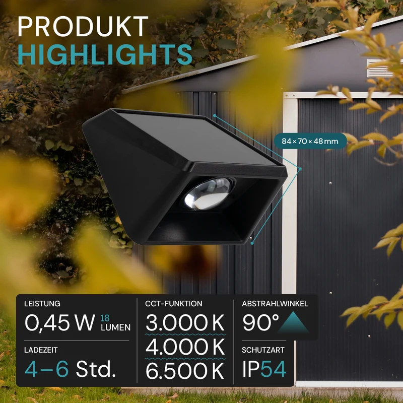 Solar LED Wandleuchte Außen, 1-flammig, 3 Lichtfarben einstellbar (CCT), IP54, mit Akku, Gartenleuchte
