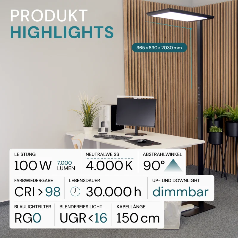LED Büro-Stehleuchte, Up/Down, in Schwarz, 100 W, 7000 lm, 4000 K (neutralweiß), UGR<16, CRI98, dimmbar, RG0, Bridgelux LED, Arbeitsplatzleuchte