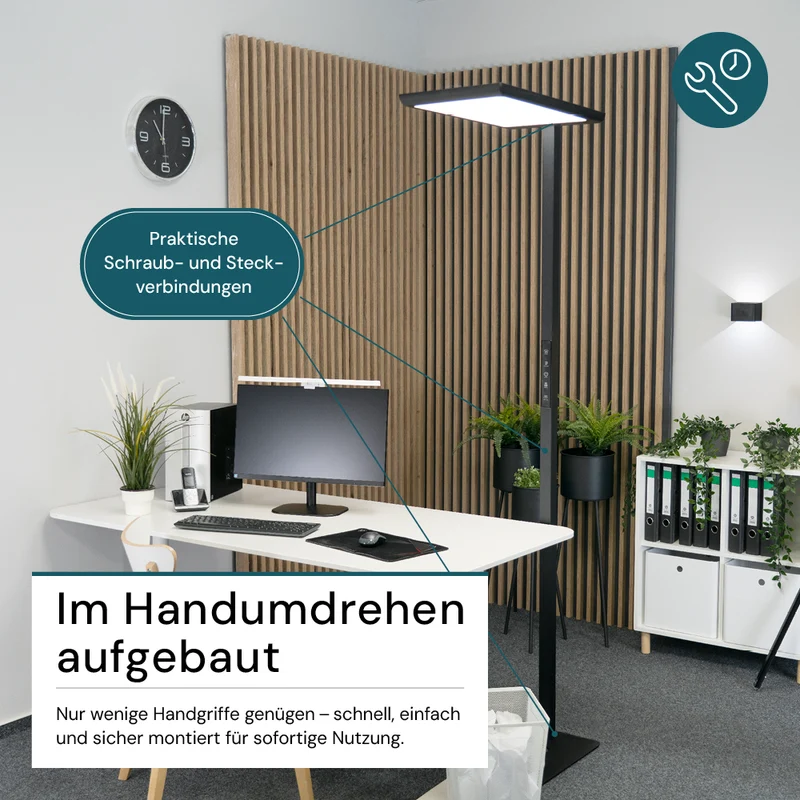 LED Büro-Stehleuchte, Up/Down, in Schwarz, 100 W, 7000 lm, 4000 K (neutralweiß), UGR<16, CRI98, dimmbar, RG0, Bridgelux LED, Arbeitsplatzleuchte