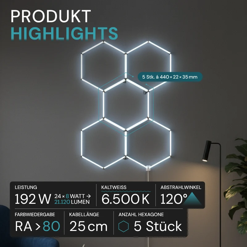 LED Deckenleuchte, HexaForm, 5er Set, 6500 K (kaltweiß), Hexagon Leuchte, Garagenlampe, Salon Beleuchtung
