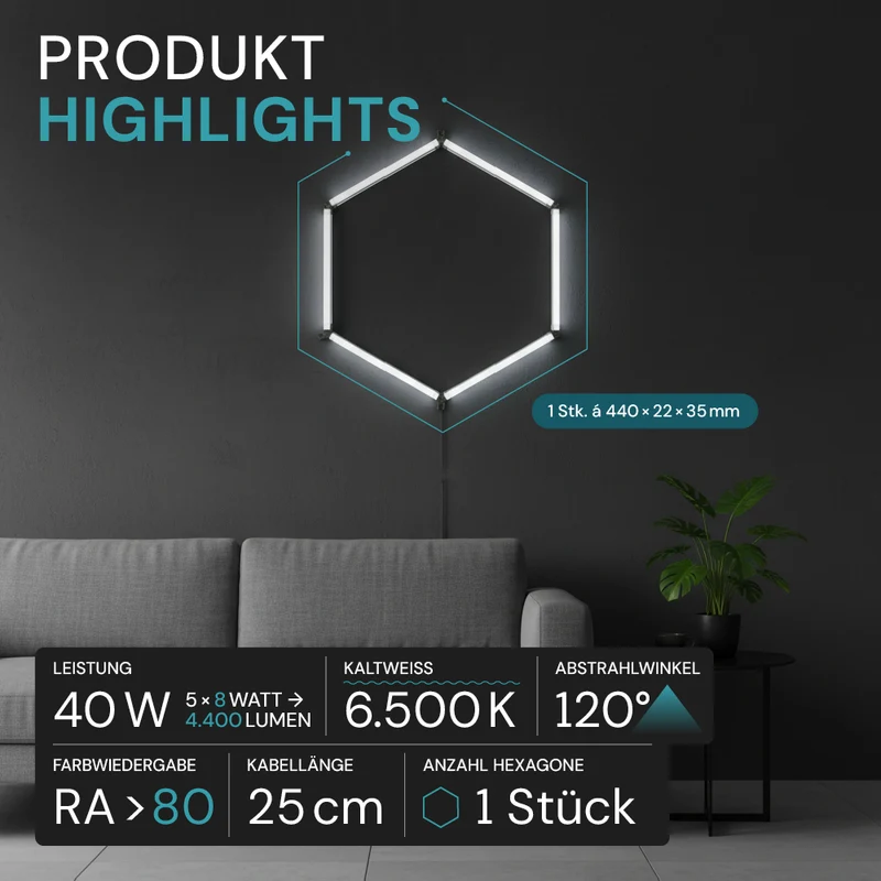 LED Deckenleuchte, HexaForm, 1er Set, 6500 K (kaltweiß), Hexagon Leuchte, 40 W Garagenlampe, Salon Beleuchtung