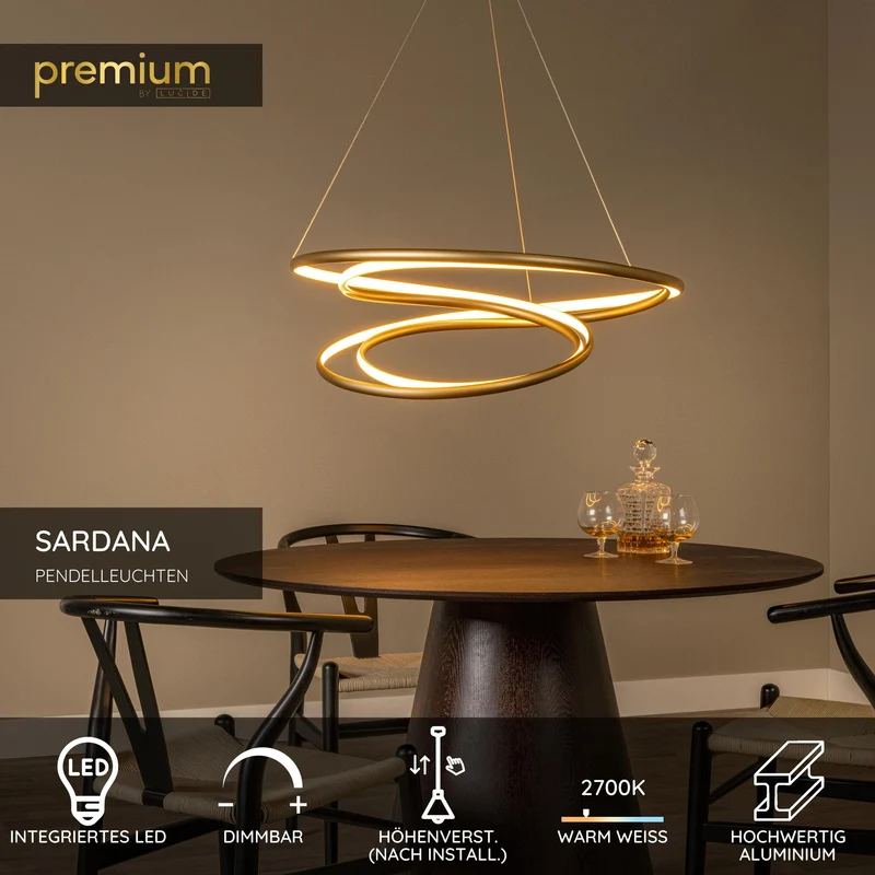 LED-Pendelleuchte Sardana dimmbar Warmweiß Messing Ø80cm