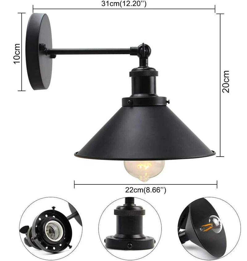 Industrielle verstellbare Wandleuchte, schwarzer Retro-Metallkäfig ~3296