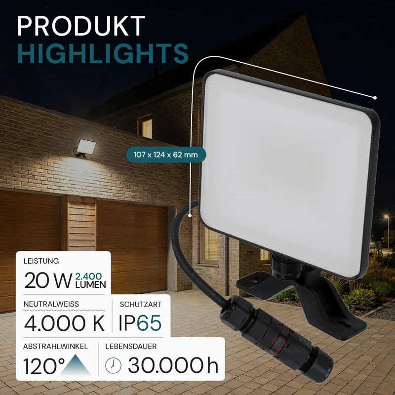 LED-Fluter, BeamPlug, 20 W, 4000 K (neutralweiß), 2400 lm, schwarz, verstellbare Leuchtrichtung, Plug-In Sensor Vorrichtung, IP65 Kabelverbinder, Wand- & Eckmontage
