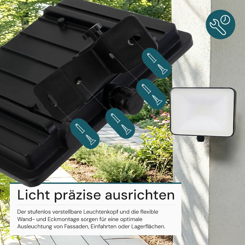 LED-Fluter, BeamPlug, 50 W, 4000 K (neutralweiß), 6000 lm, schwarz, verstellbare Leuchtrichtung, Plug-In Sensor Vorrichtung, IP65 Kabelverbinder, Wand- & Eckmontage