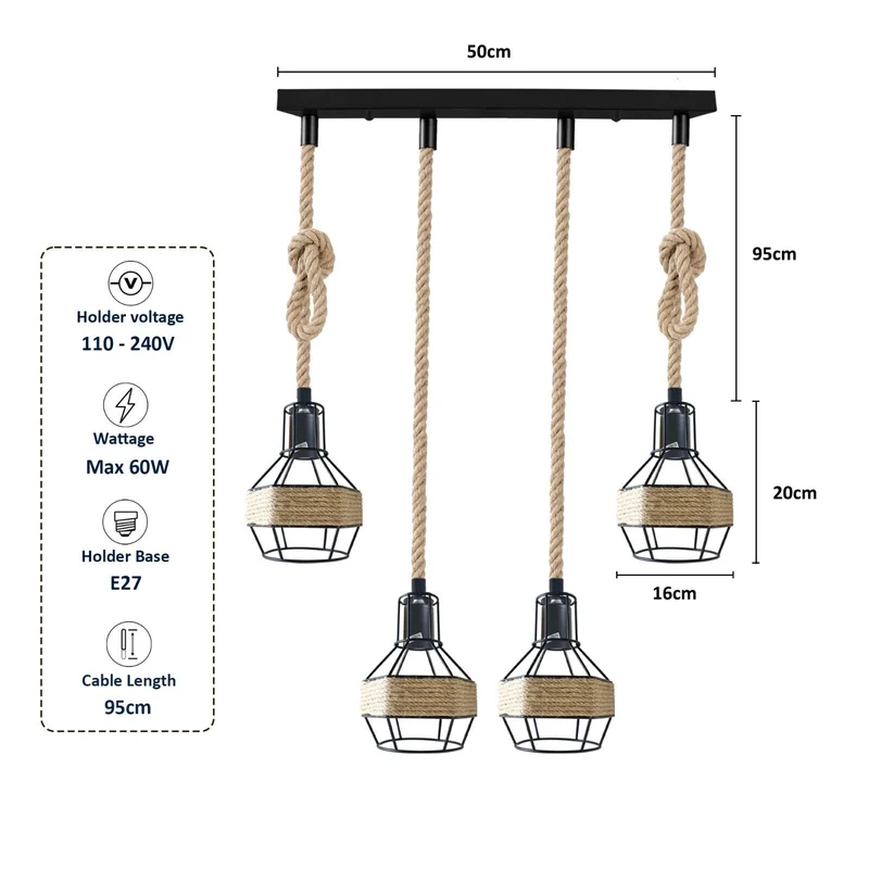Industrielle Lampe, Vintage-Loft-Hängeleuchte, Retro-Seil-Pendelleuchte~3173