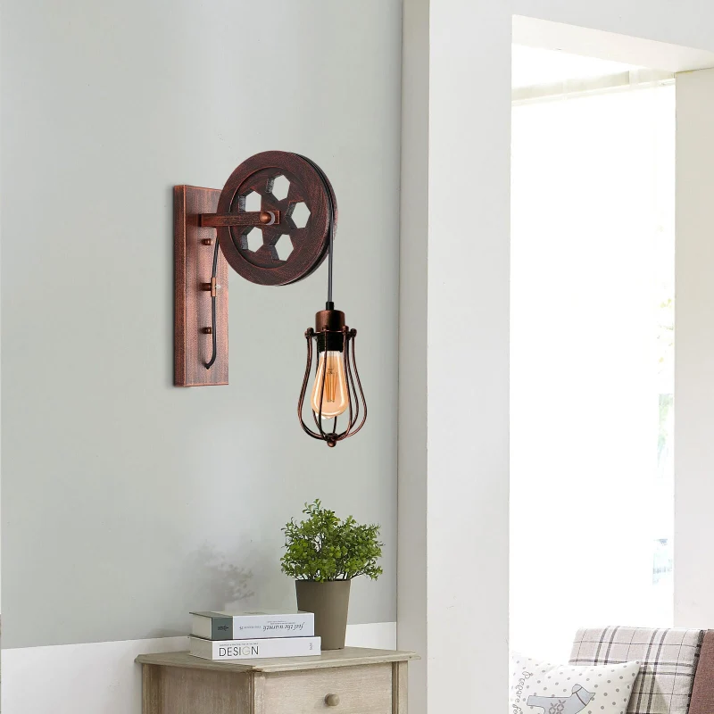 Vintage Wandlampe mit Riemenscheibe & Käfig-Schirm ~3171