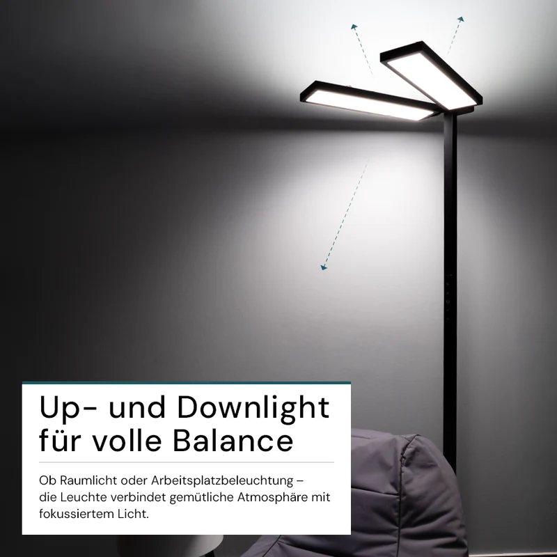 LED Büro-Stehleuchte DUO Line, Up/Down, in Schwarz, 120 W, 8500 lm, 4000 K (neutralweiß), UGR<16, CRI98, dimmbar, RG0, Bridgelux LED, Arbeitsplatzleuchte