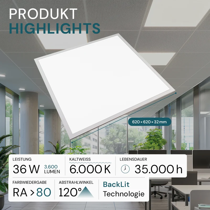 2er-Pack LED BackLit Panel, 62x62 cm, 36W, 3600lm, 6000K