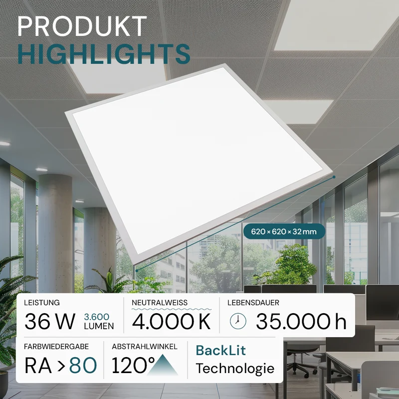 2er-Pack LED BackLit Panel, 62x62 cm, 36W, 3600lm, 4000K