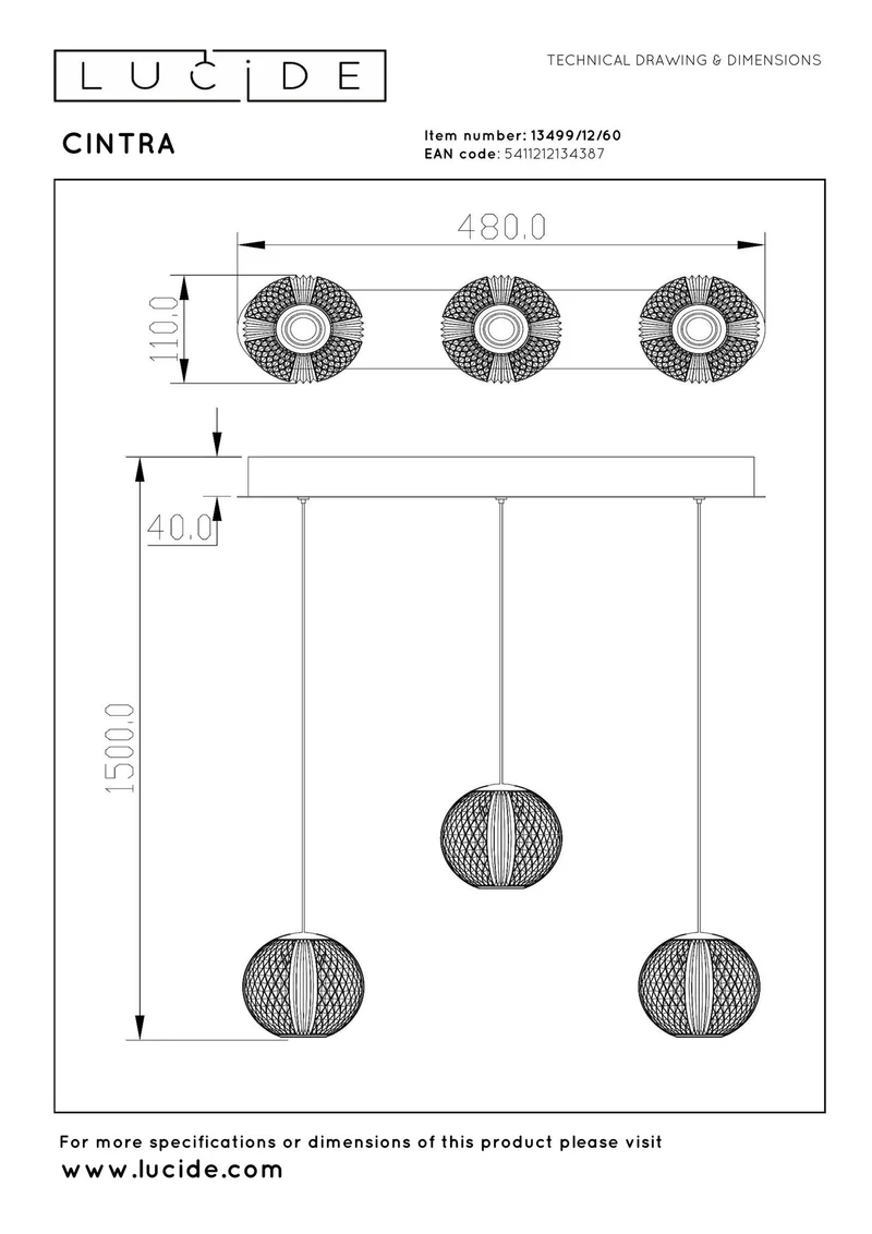 LED-Pendelleuchte Cintra 3-flammig dimmbar 48x11cm